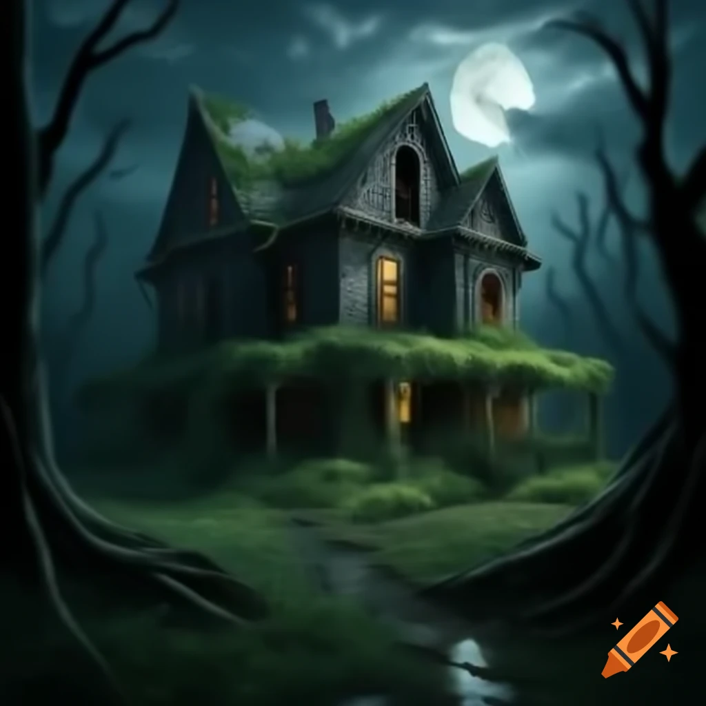 Old abandoned house covered in vines, eerie atmosphere with faint flickering light