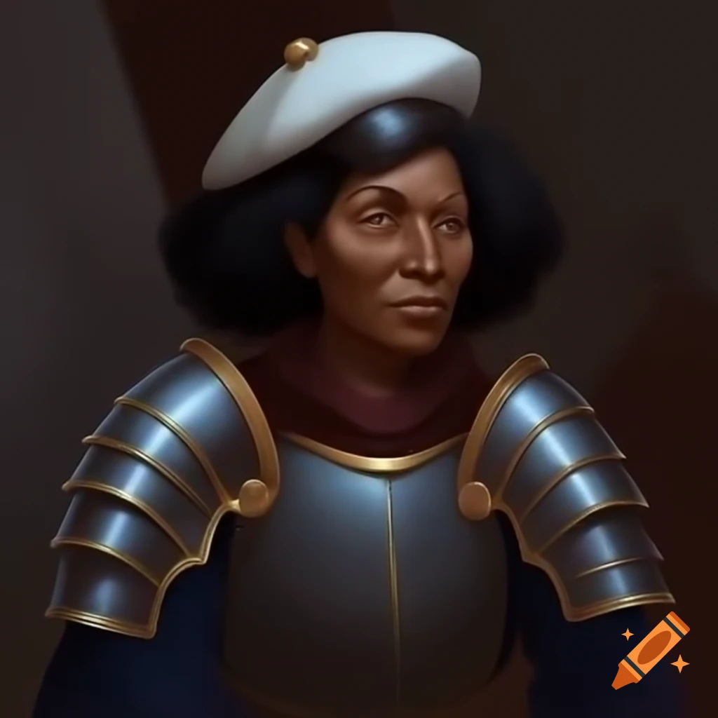 Proud elderly black woman in gleaming armor and white beret