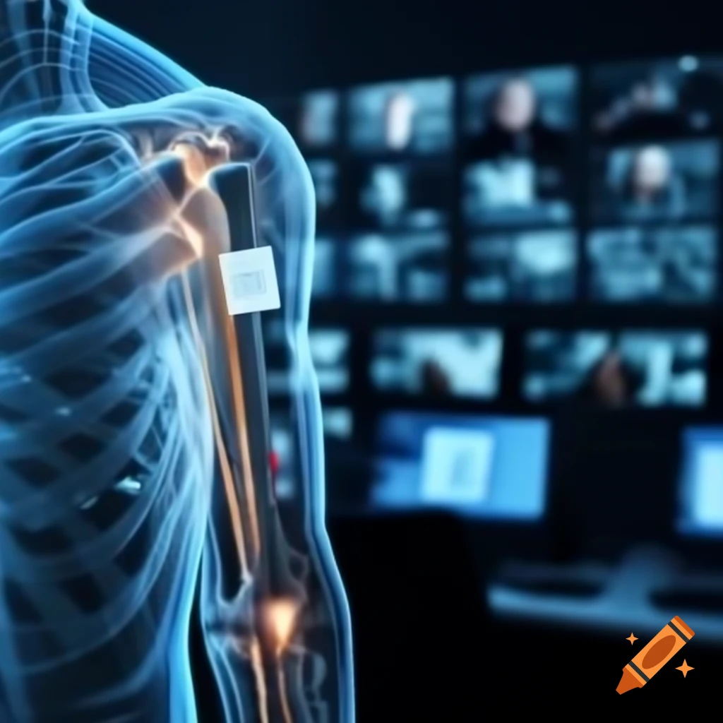 Transparent computer chip in human arm in intelligence war room with social media feeds