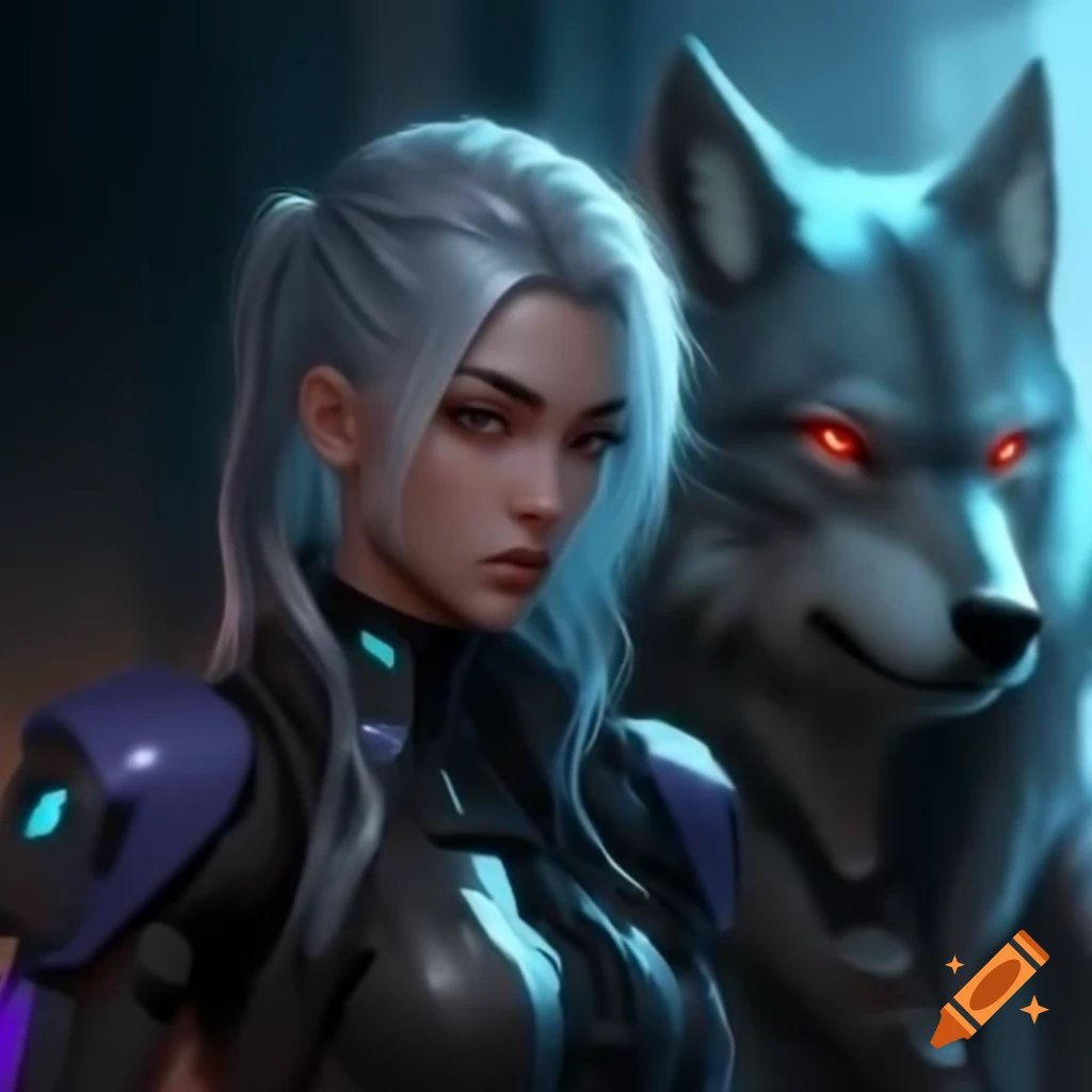 Cyberpunk woman with silver hair and robotic arm alongside large wolf