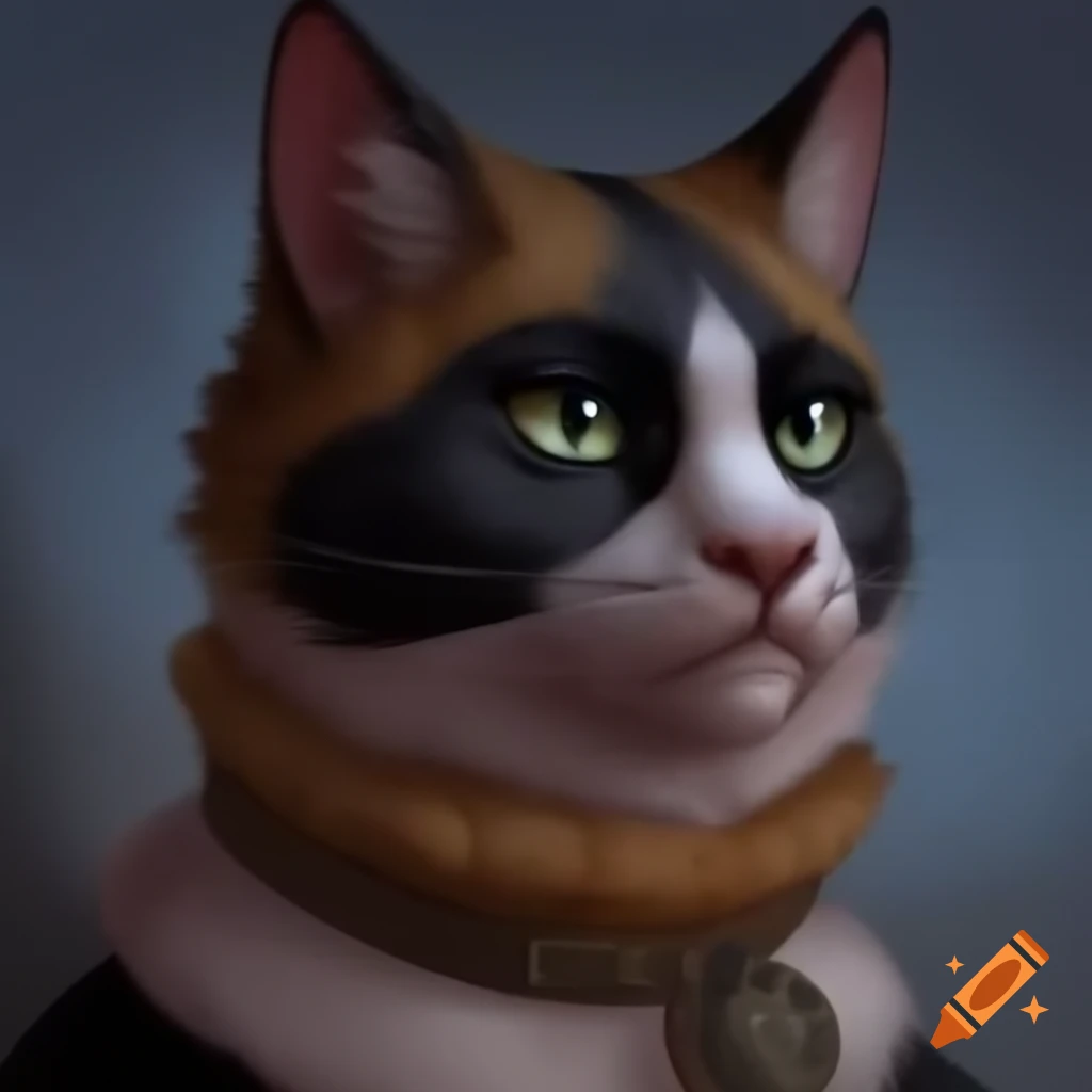 Feline with comical features wearing a fur-trimmed collar, embodying cattitude