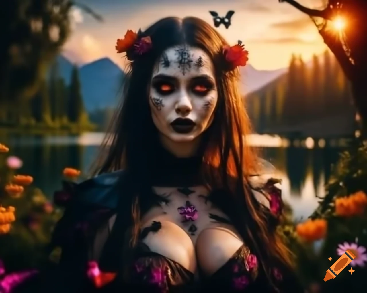 Hyperrealistic Gothic woman with flowers and butterflies in hair, detailed makeup and freckles