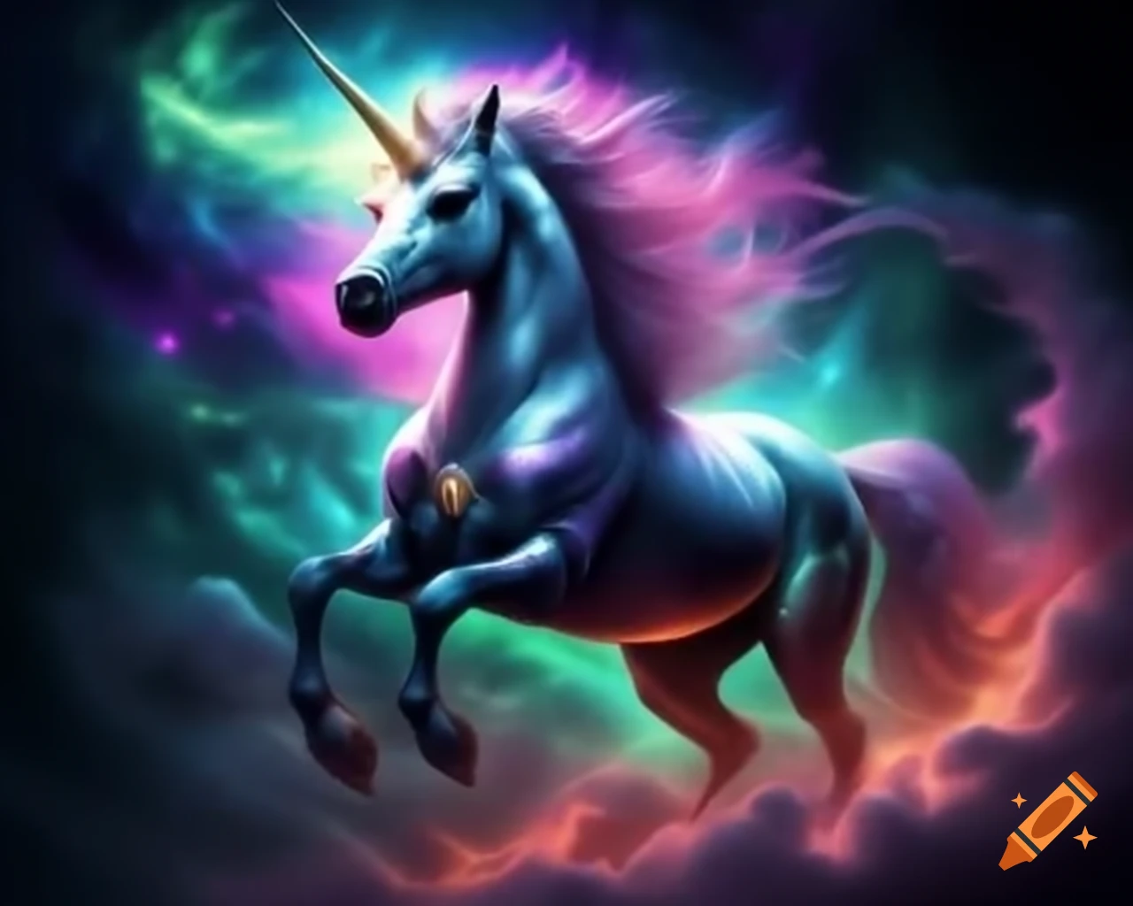 Mythical unicorn galloping amid celestial lights with aurora colors