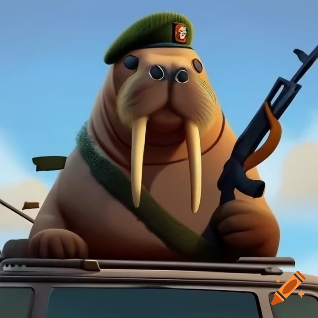 Walrus in army uniform on car with AK-47 and commander hat in realistic graphics