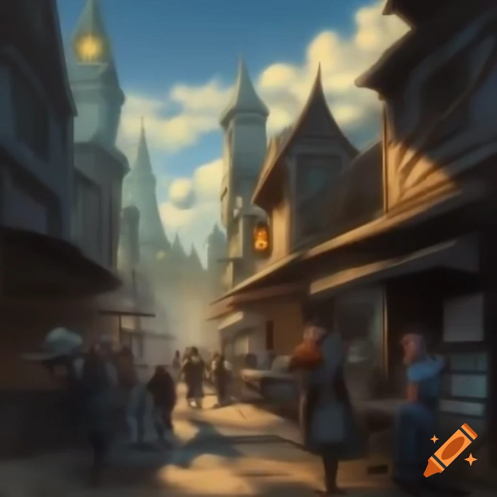 1880s architecture in small town with steampunk and D&D races, busy market street view