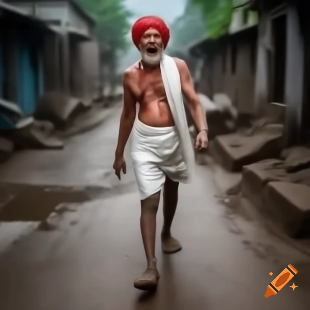 Angry man in traditional Indian attire walking on village mud road