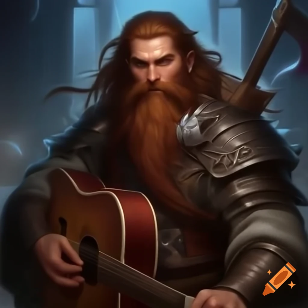 Fantasy warrior Strimvar with a beard and guitar