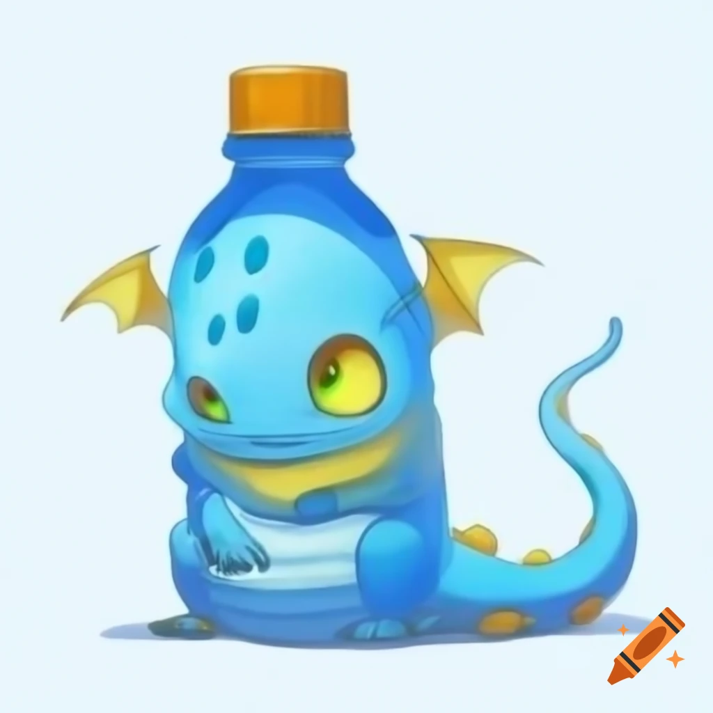 Water bottle designed as a dragon in blue and yellow with spikes