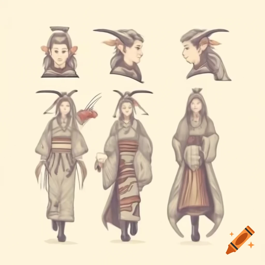 Dalish elf outfit illustration inspired by Dragon Age, featuring old Japanese fashion and rainy mountain tribe elements
