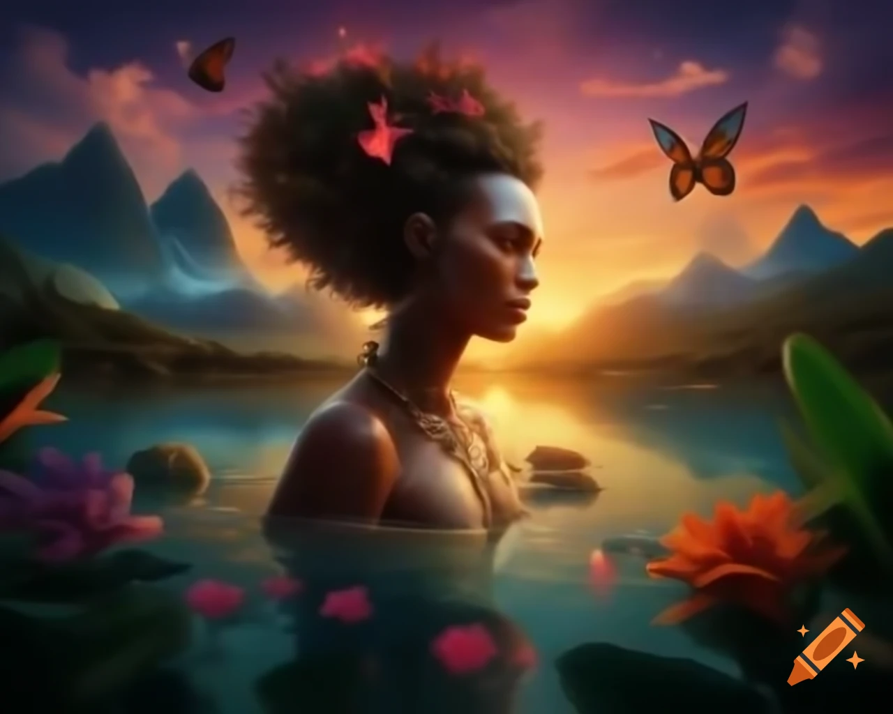 Beautiful woman in tropical paradise with colorful objects and butterflies at sunset
