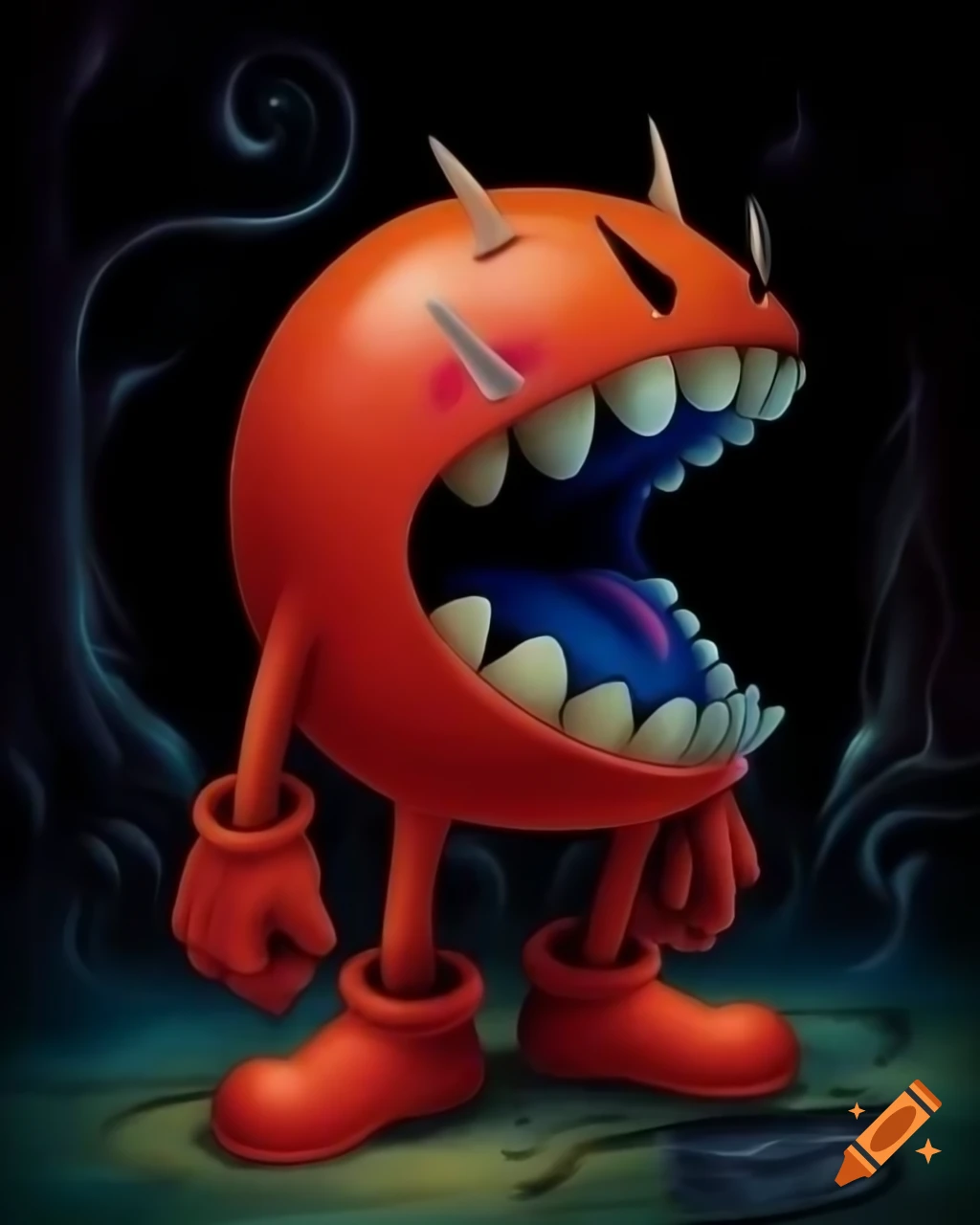 Surreal illustration of Pacman in a creepy, weird style by Greg Rutkowski