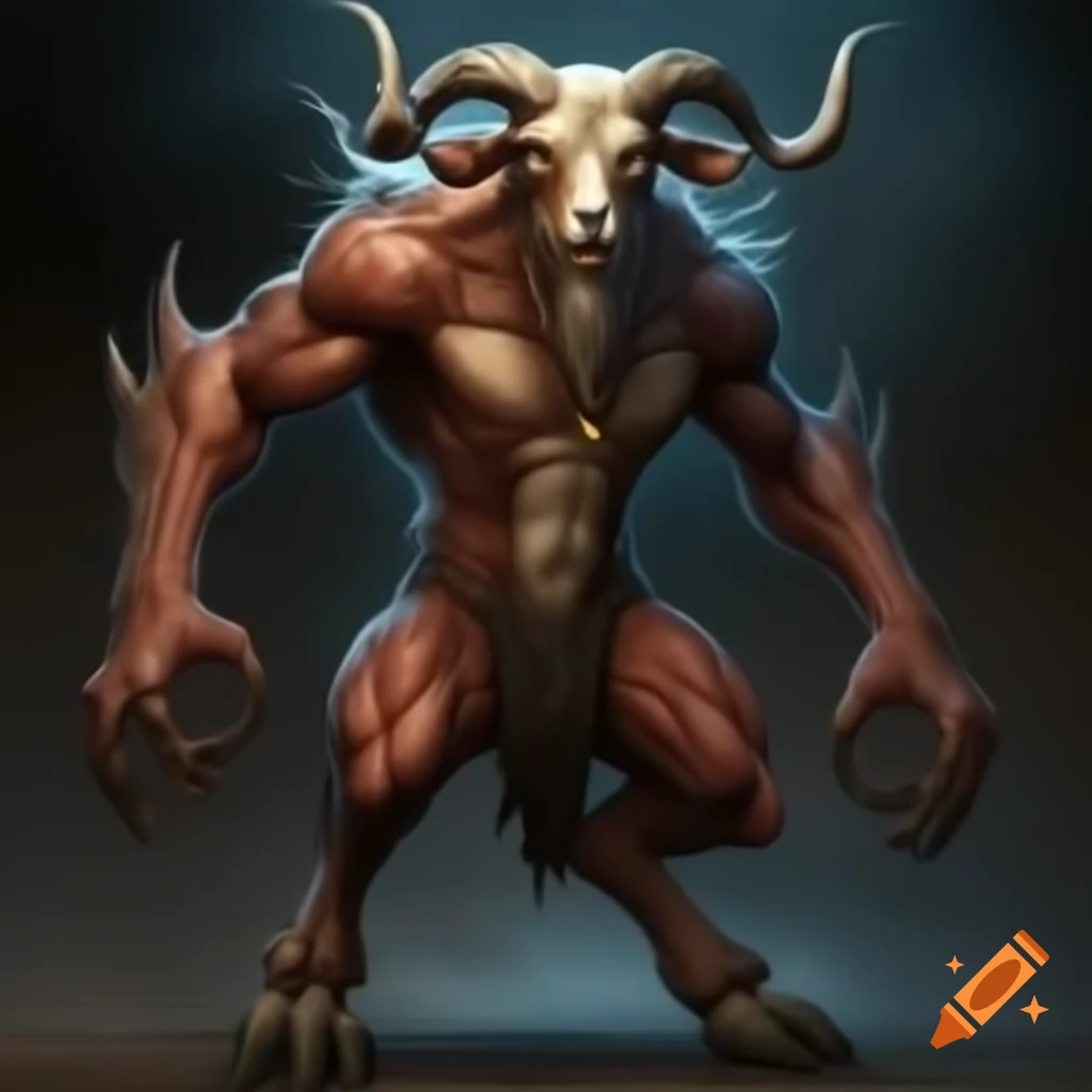 Powerful goat-headed demon with large horns and muscular legs in a standing posture