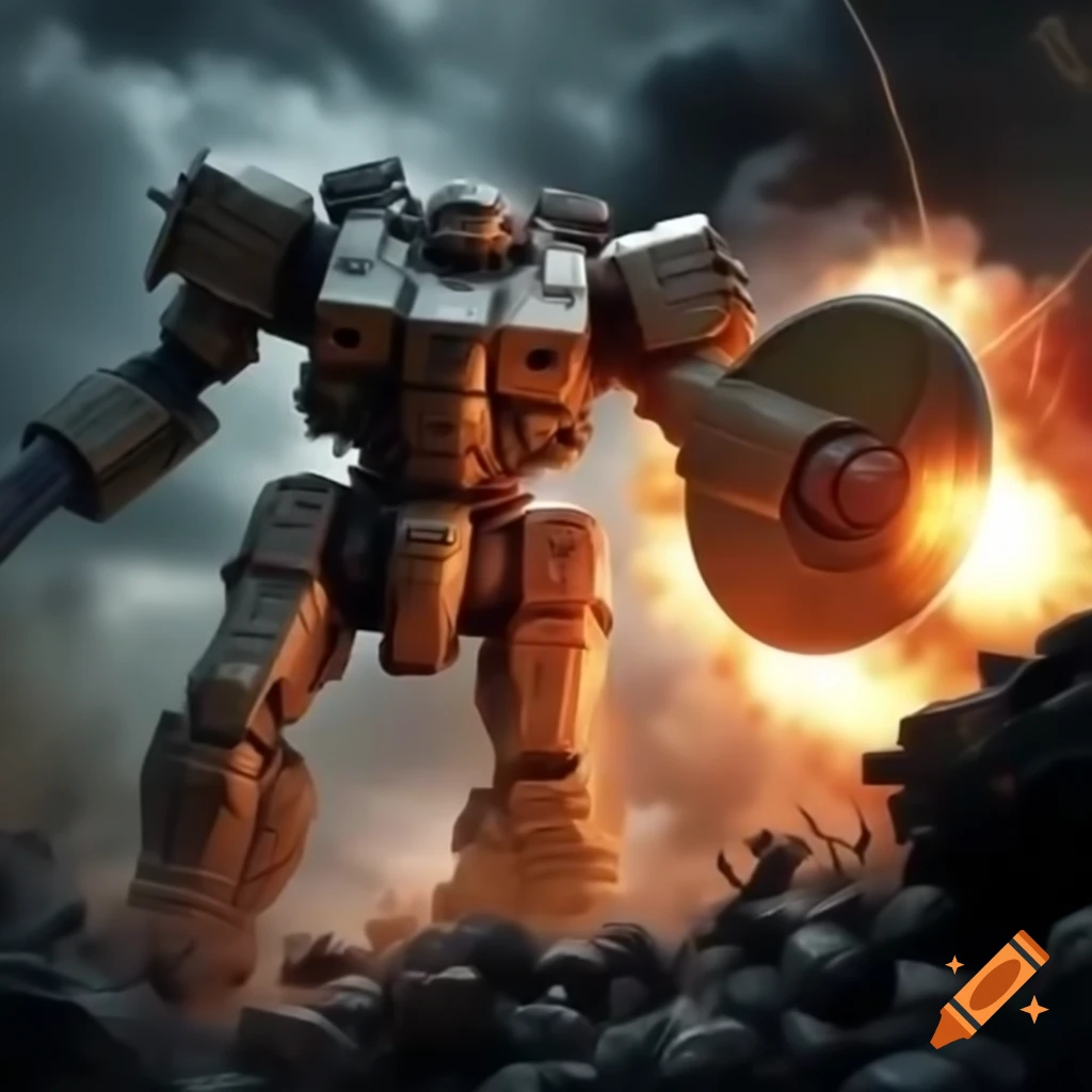 Giant mecha using shield to block explosion