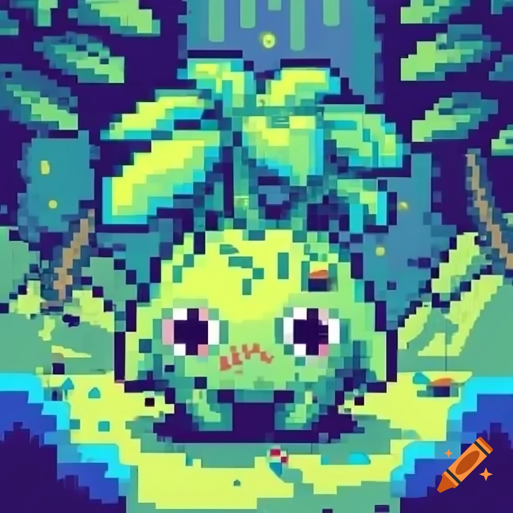 Pixel art of a cute small plant monster with clean lines and limited palette
