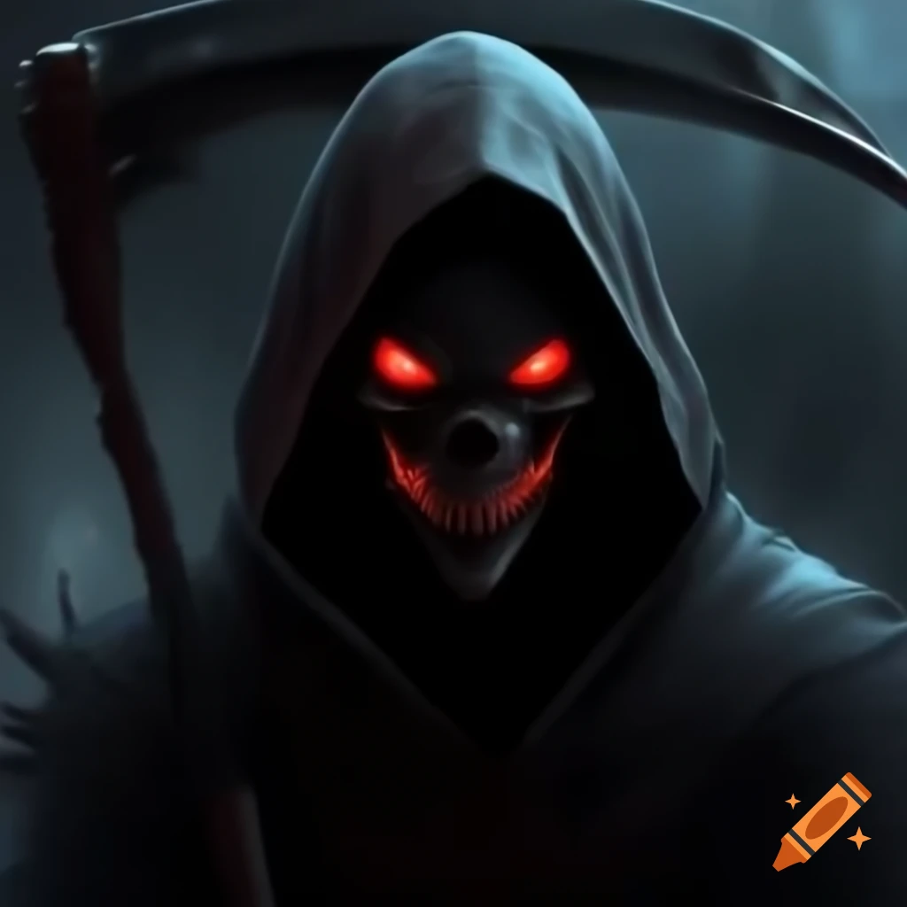 Silhouette of dark reaper with red eyes holding scythe