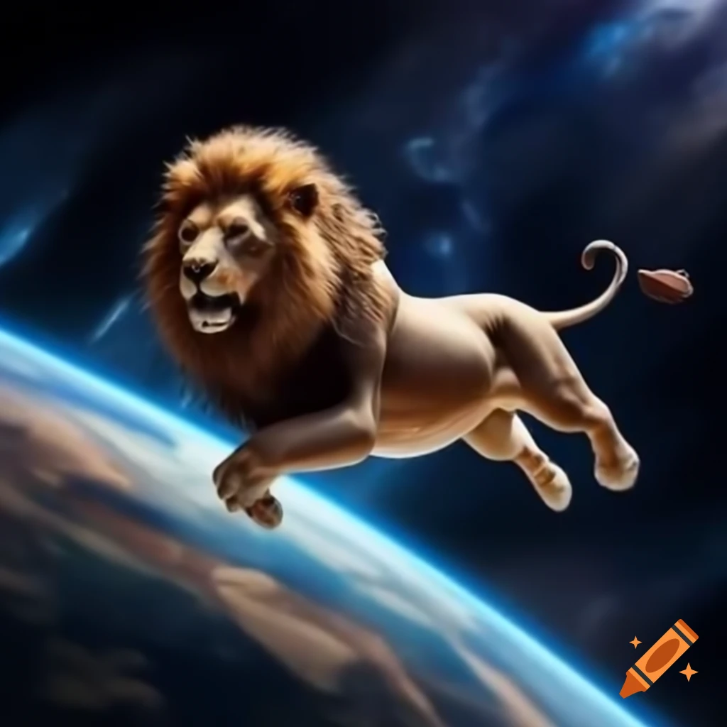 Surreal depiction of lion swirling around the world in orbit