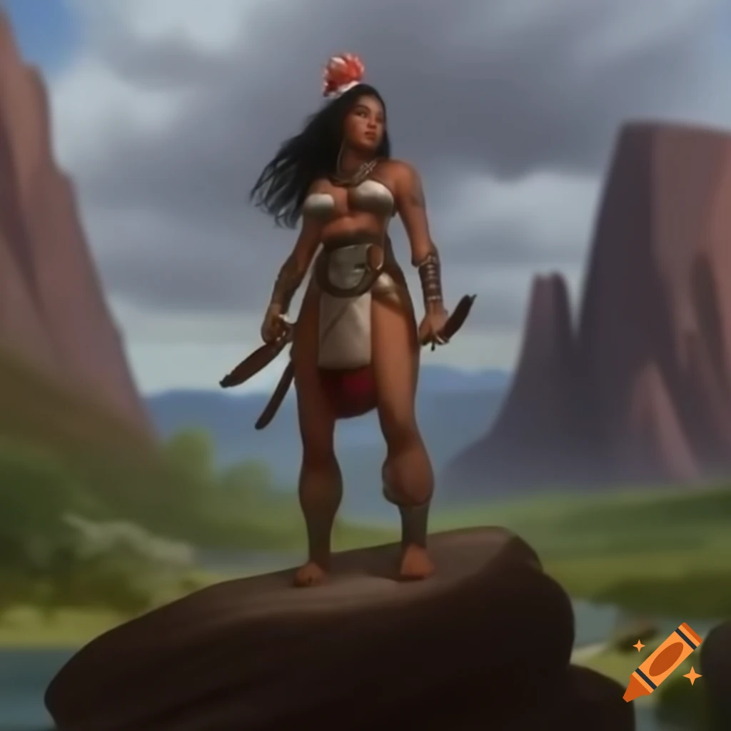 Aztec warrior standing on rock in bright noon sunlight