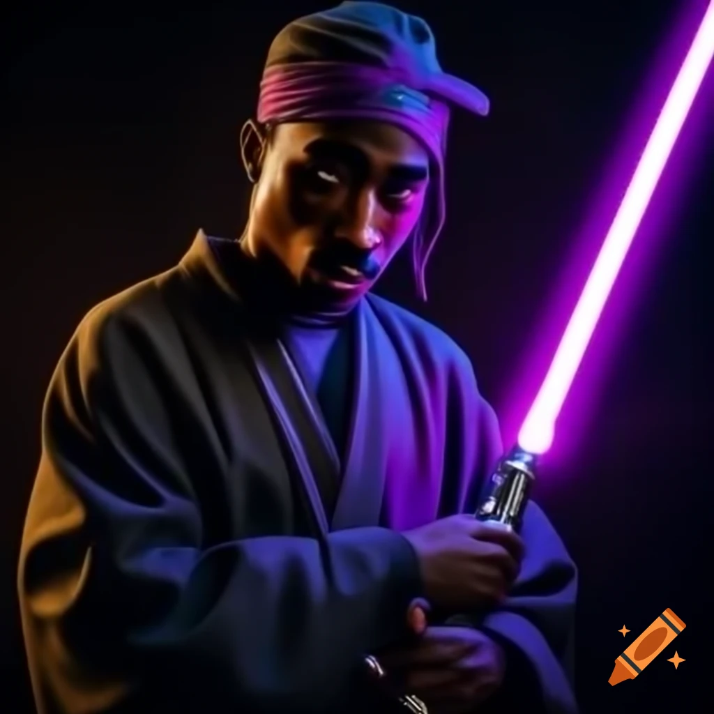 Tupac Shakur styled as Mace Windu holding a purple lightsaber