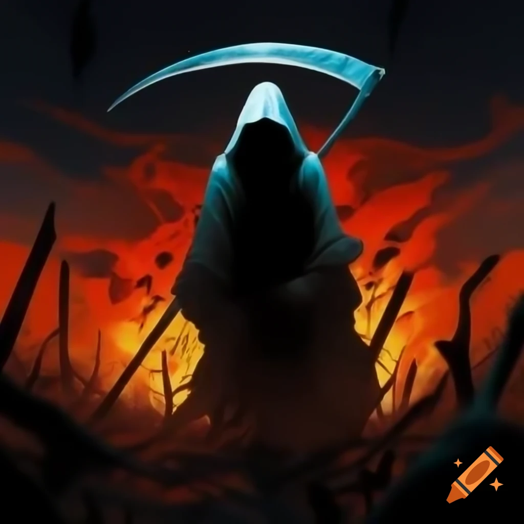 Hooded figure with scythe silhouette against dying ember sky