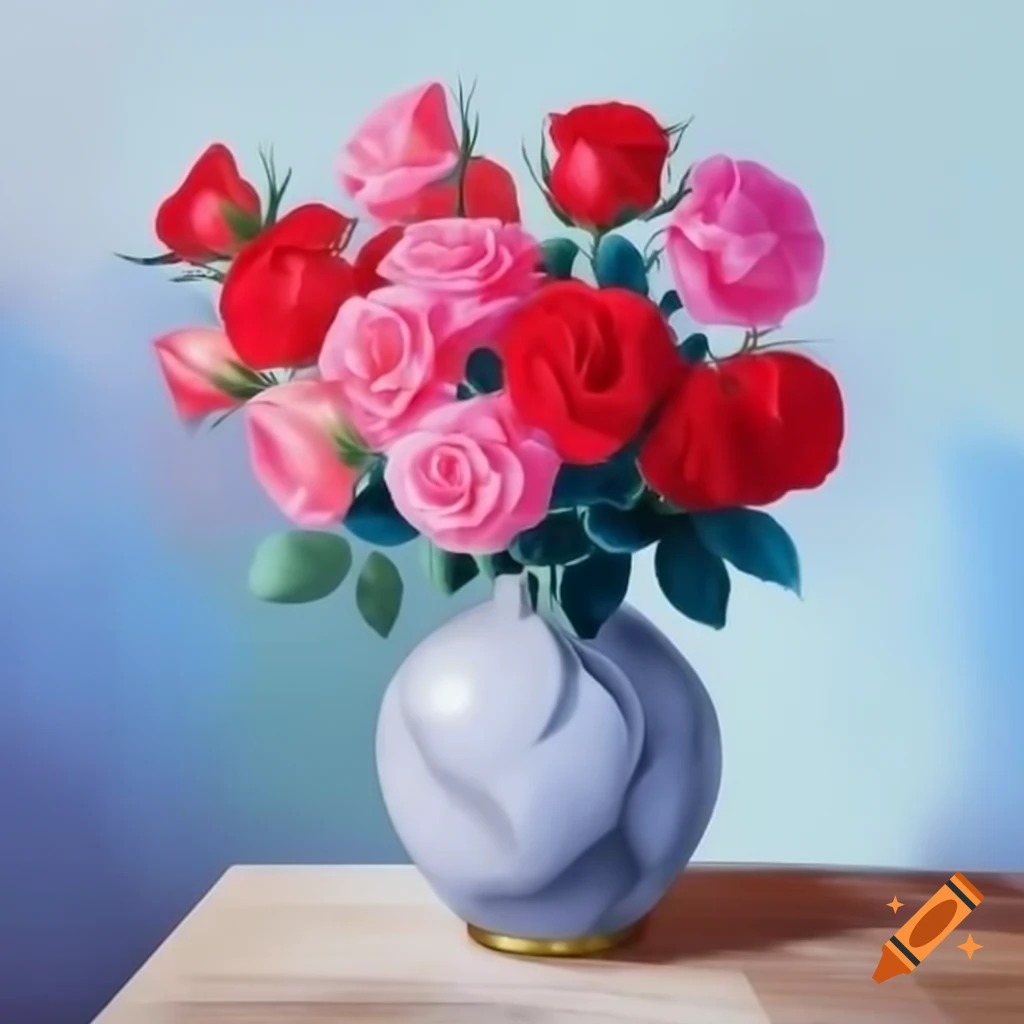 Watercolor painting of red and pink roses in marble vase on wooden table