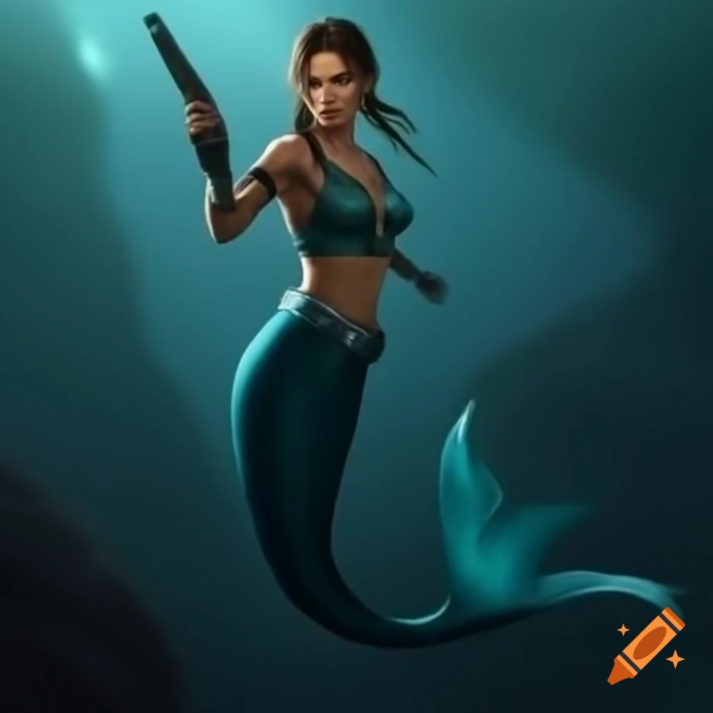 Lara Croft as a mermaid with a fish tail