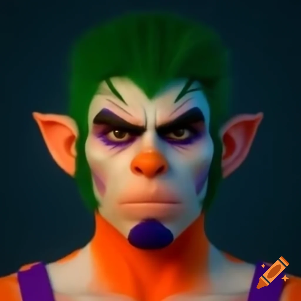 Muscular figure resembling Donald Trump with furry-style makeup and colorful skin
