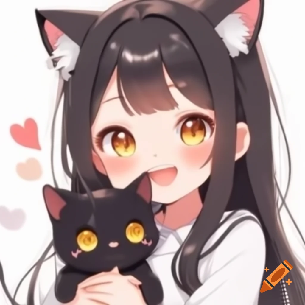 Kawaii anime girl joyfully playing with a black cat