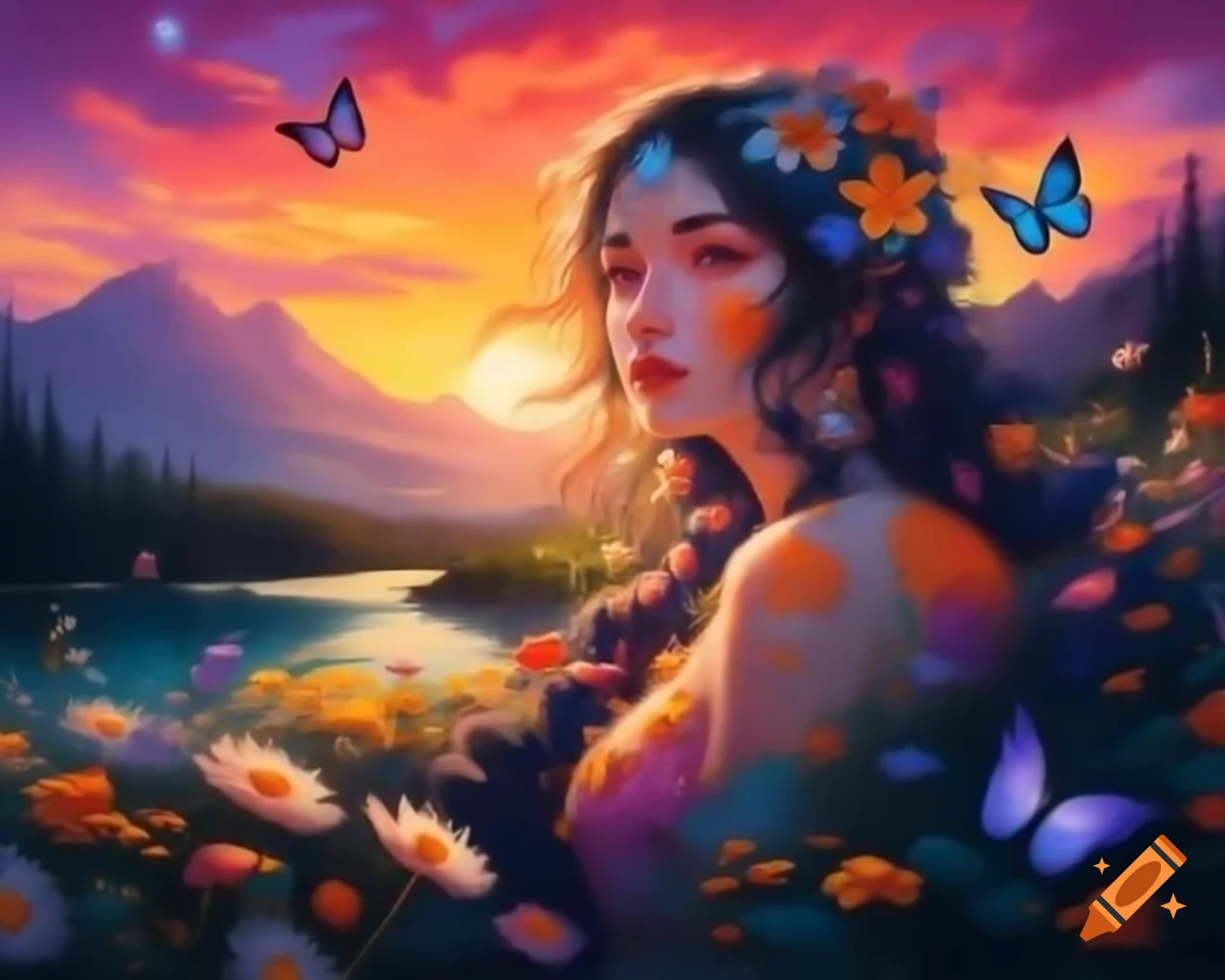 Enchanting colorful-haired woman with wildflowers and butterflies in hair during stunning sunset