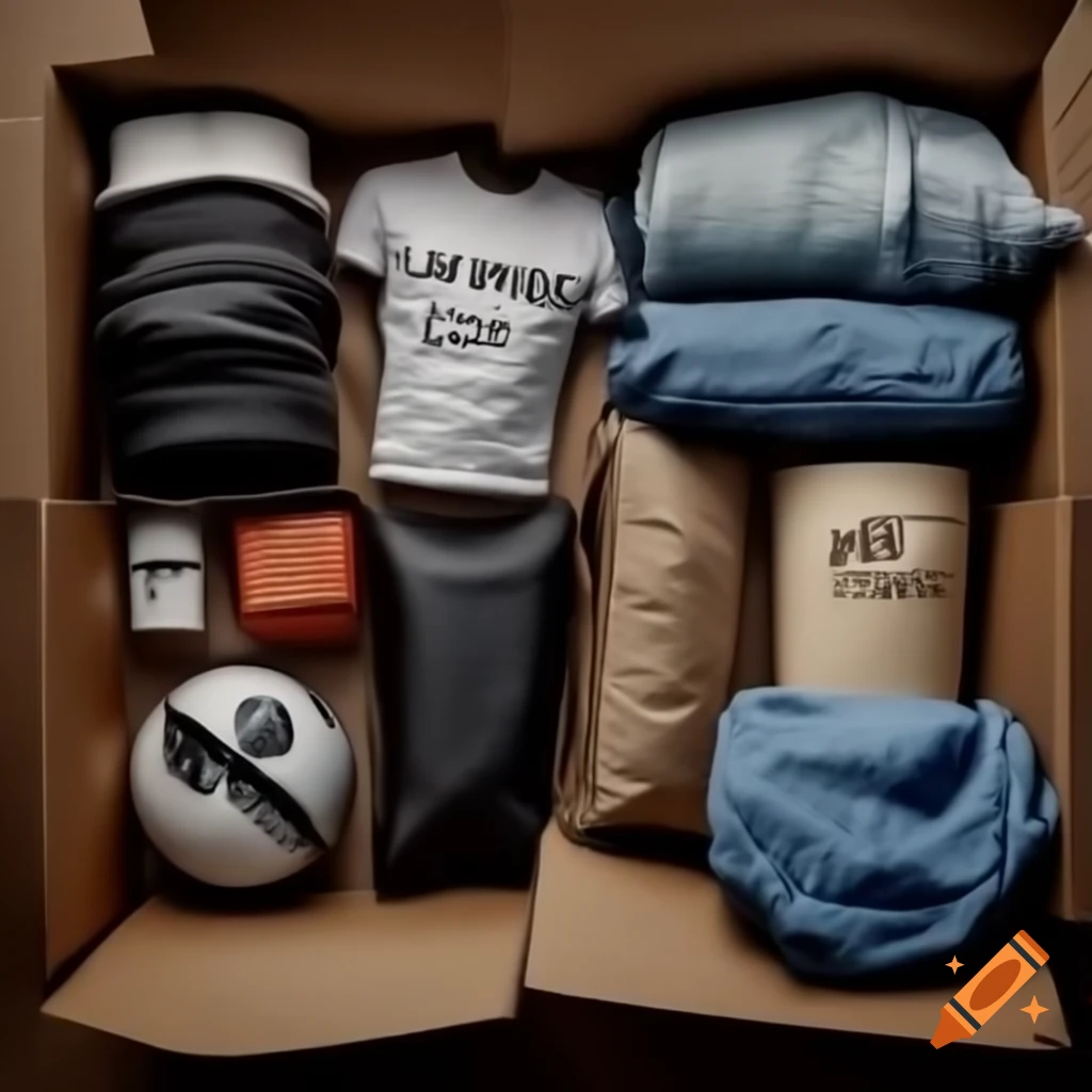 Ultra realistic depiction of t-shirts and merchandise in boxes