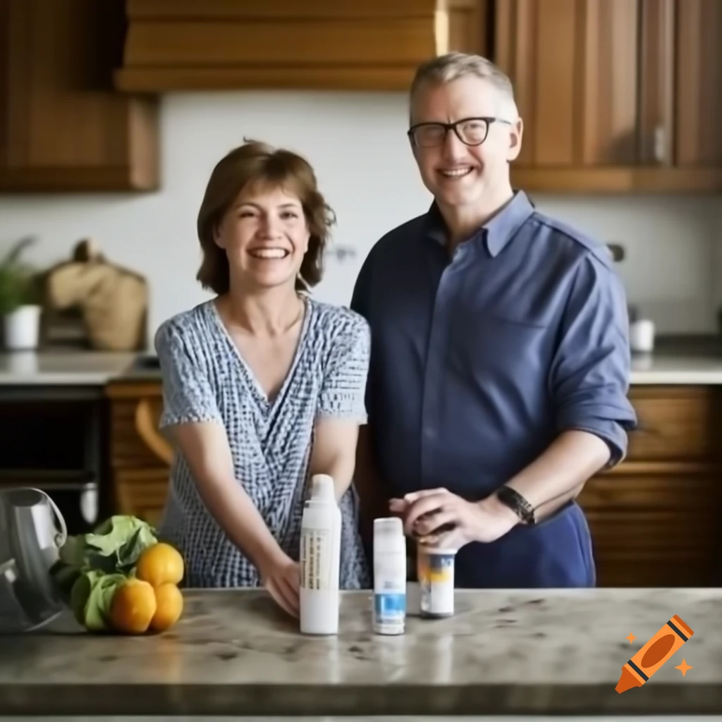 Middle-aged couple smiling and laughing in their kitchen with pill bottles on the counter