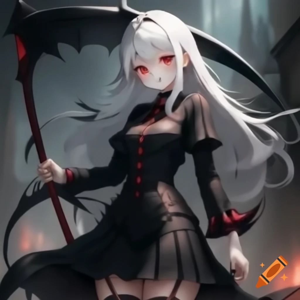 Anime female vampire with long white hair and red eyes holding a scythe