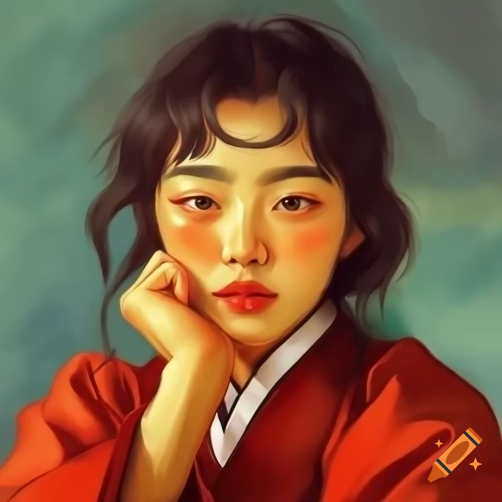Charming Korean woman in red, animated portrait influenced by Van Gogh and Rembrandt, ultra detailed