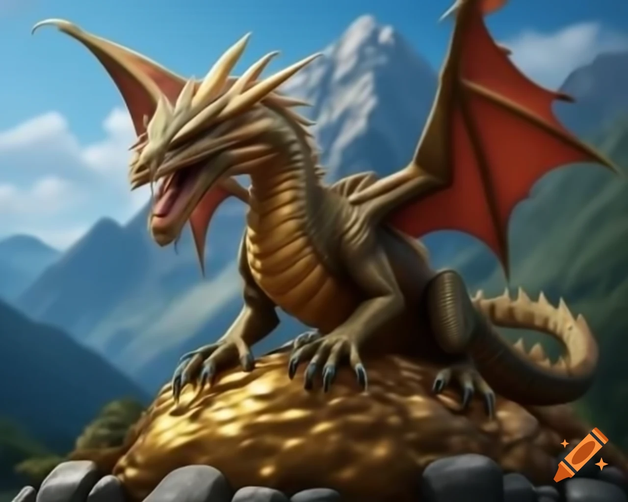 Dragon resting on a pile of gold beneath a mountain
