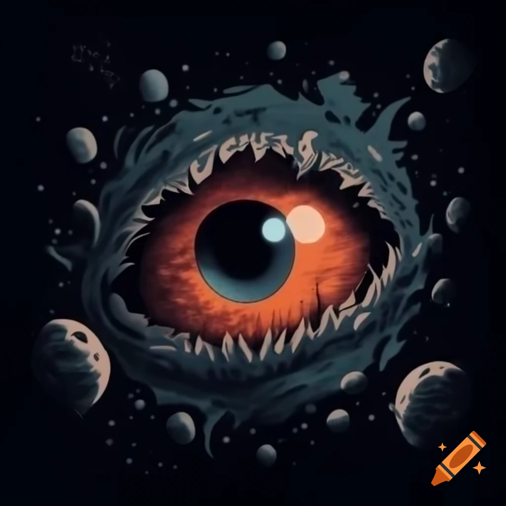 Eldritch eye emerging from space, surrounded by dark tendrils reaching for stars