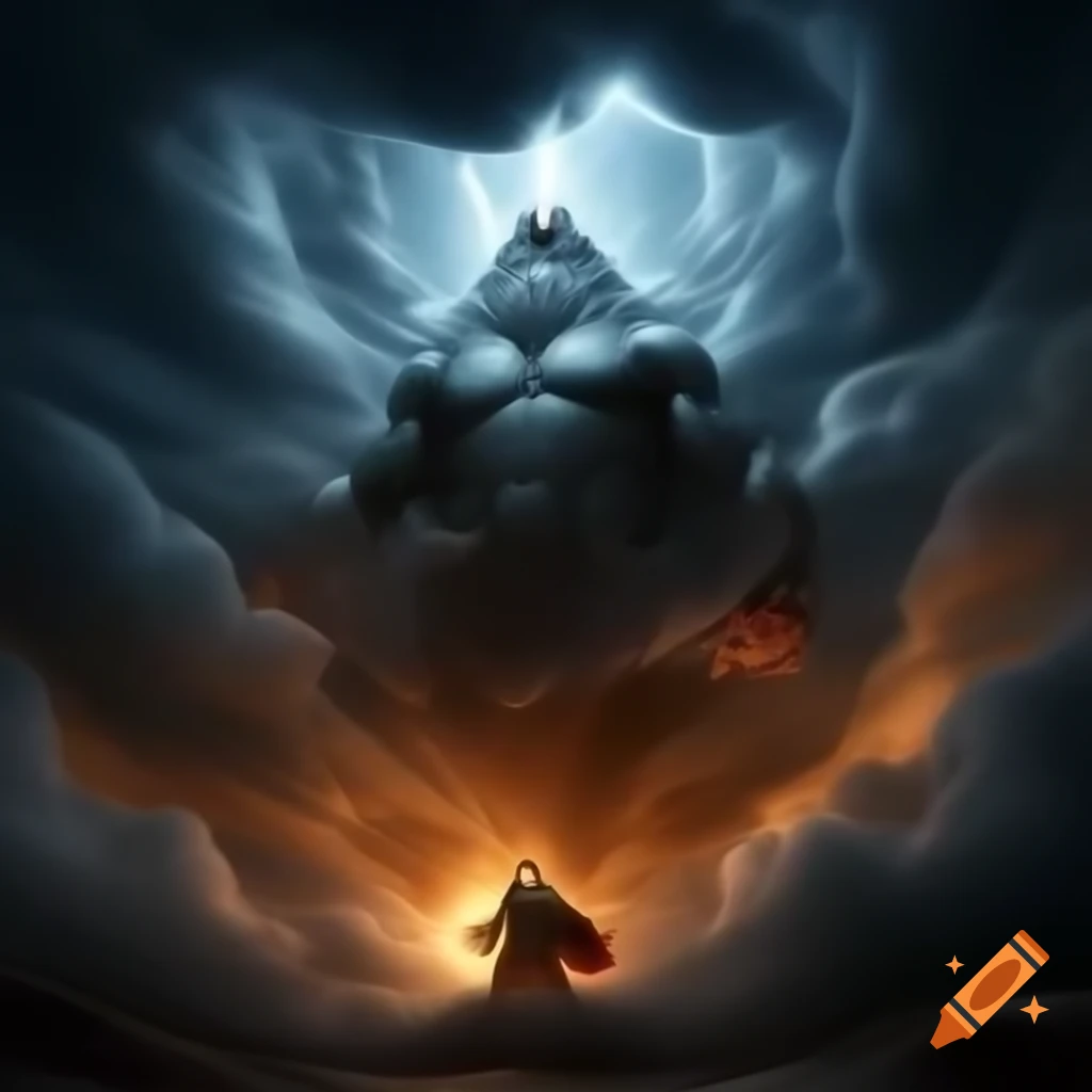 Colossal figure resembling Thor formed from lightning emerging from storm clouds