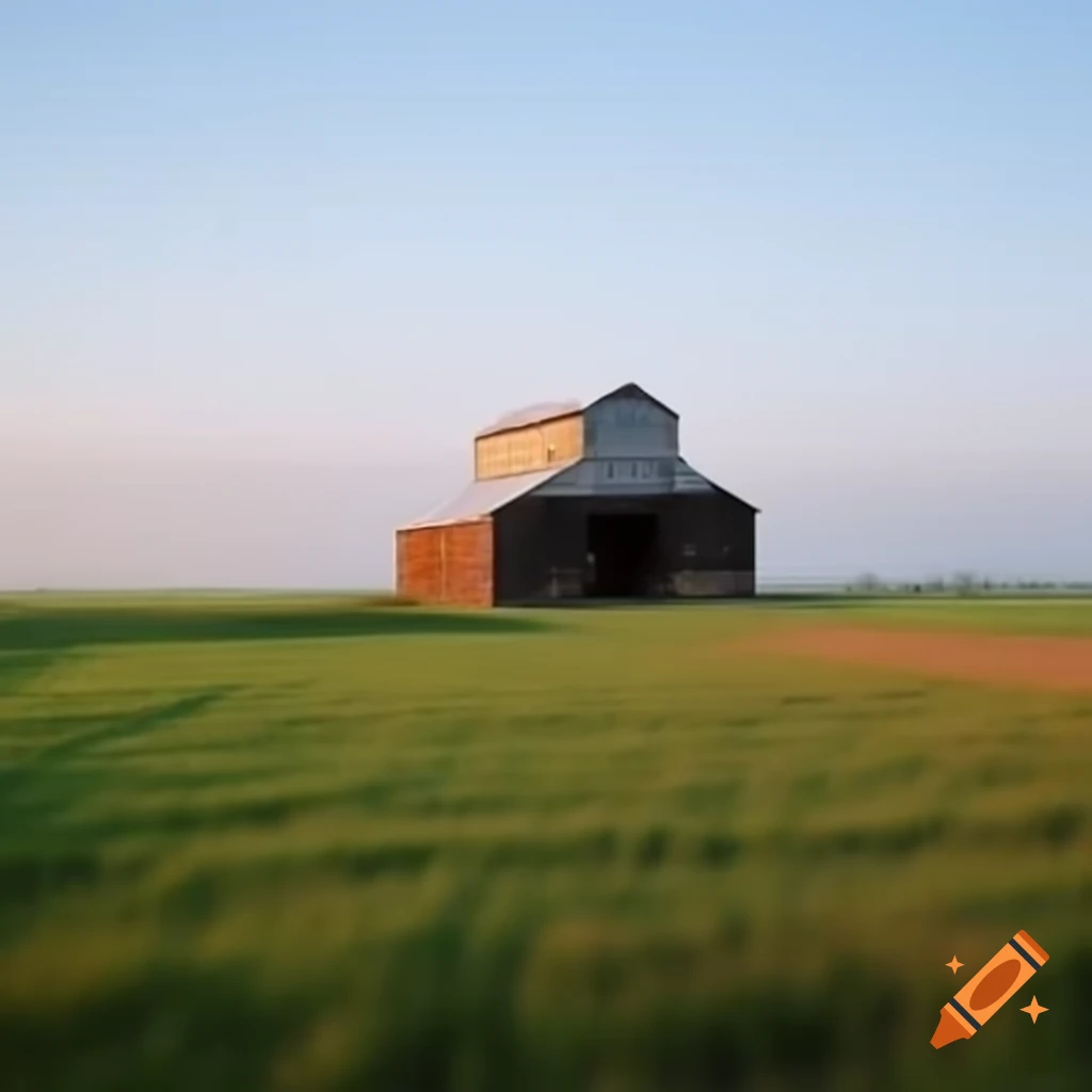 Barn in open field with a liminal atmosphere