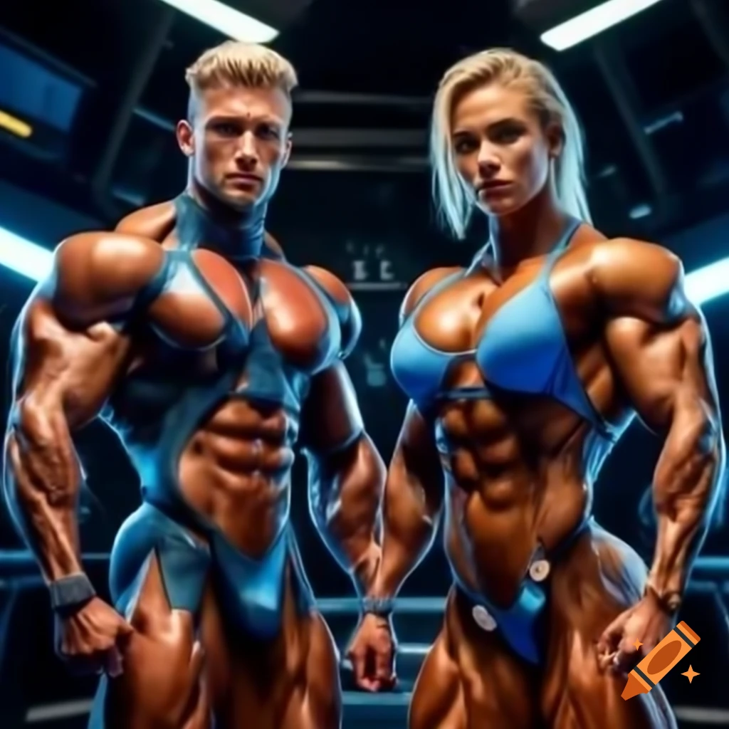Cyborg bodybuilders posing together in spaceship setting