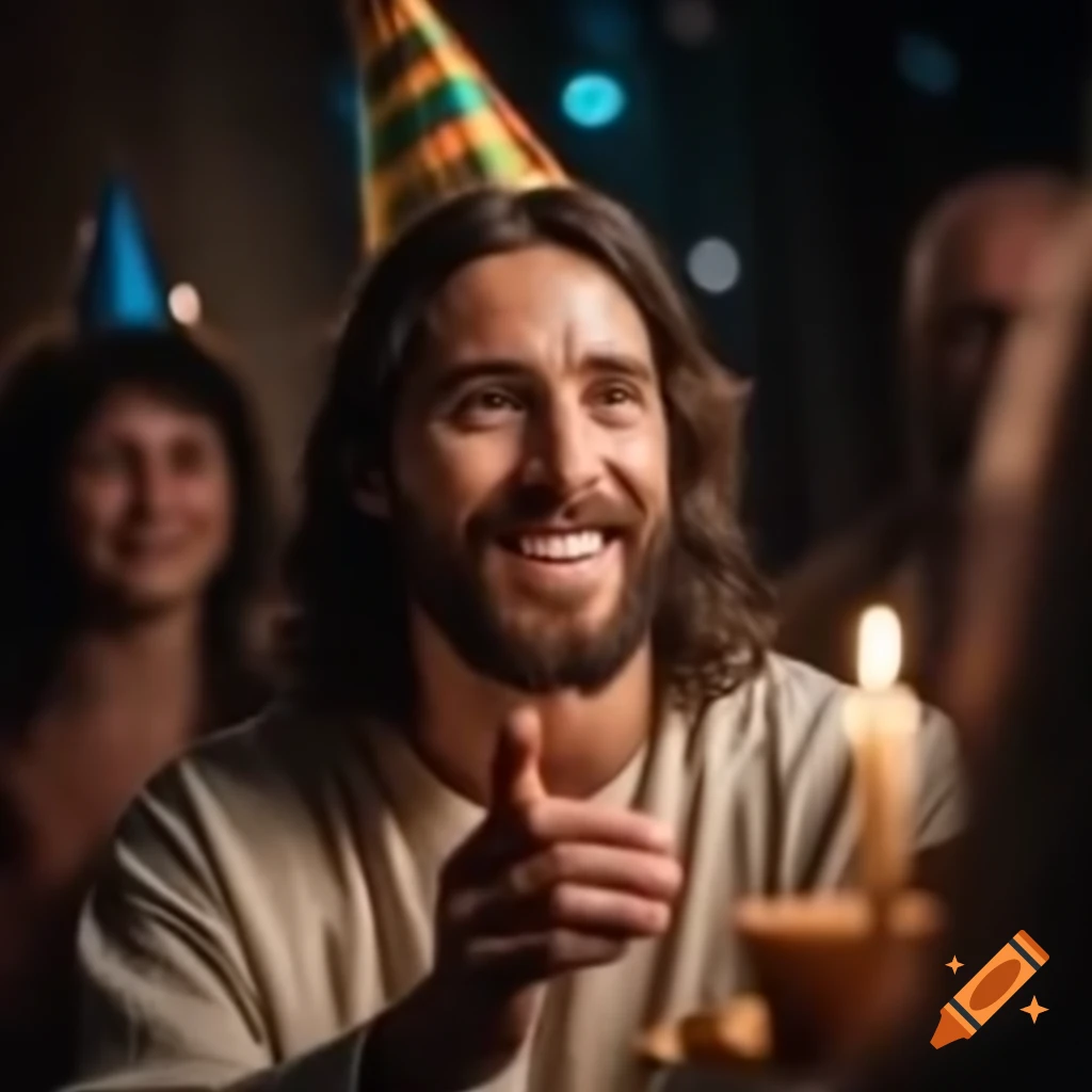 Jesus celebrating birthday with party hat on craiyon
