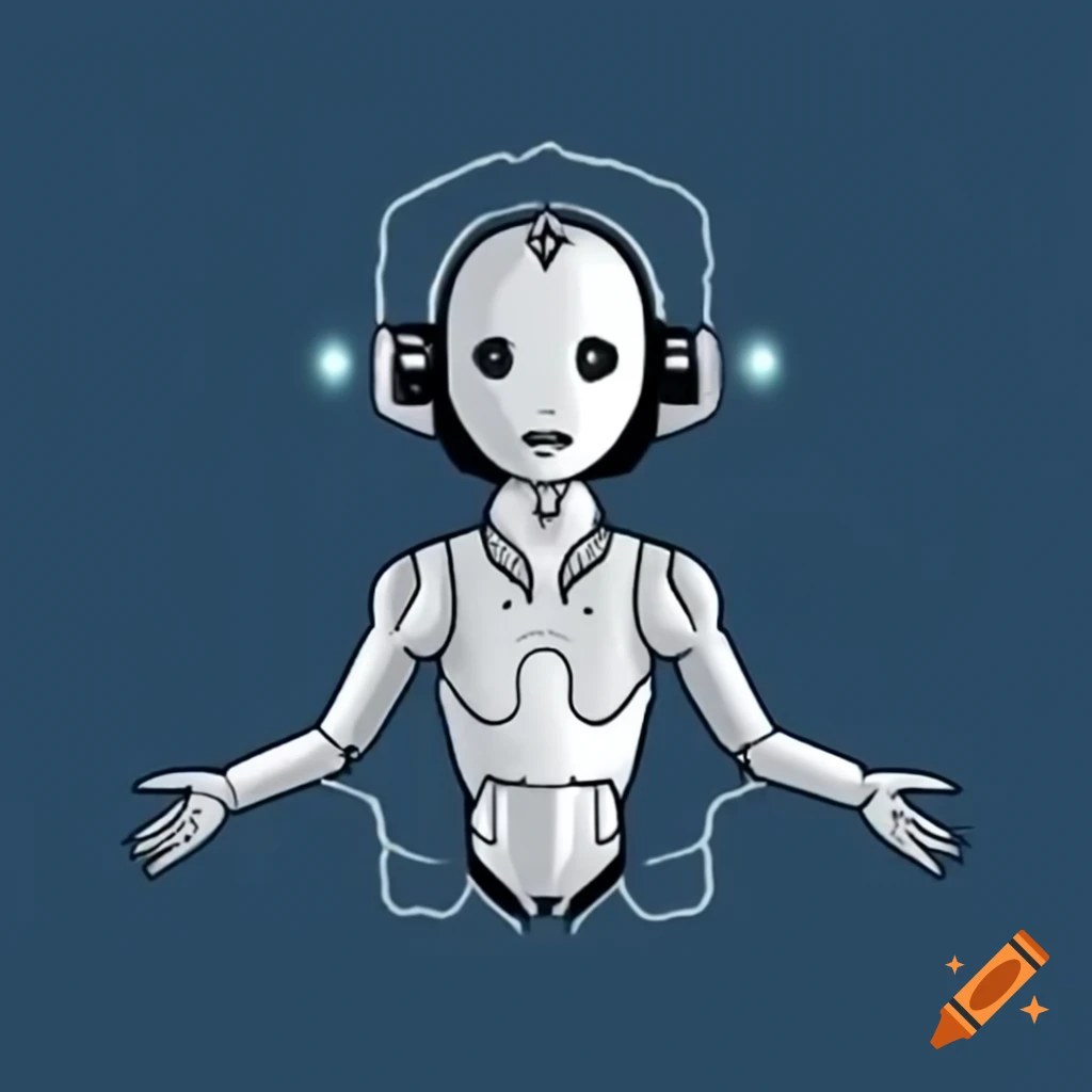 Simplistic drawing of a silver robot woman head with electrical cord hair