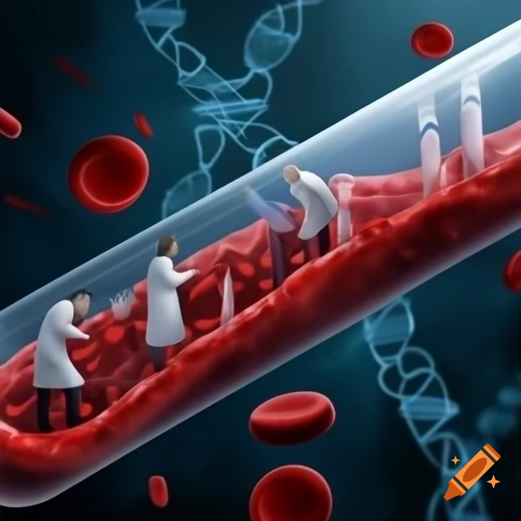 Researchers in futuristic lab with giant test tube and red blood cells