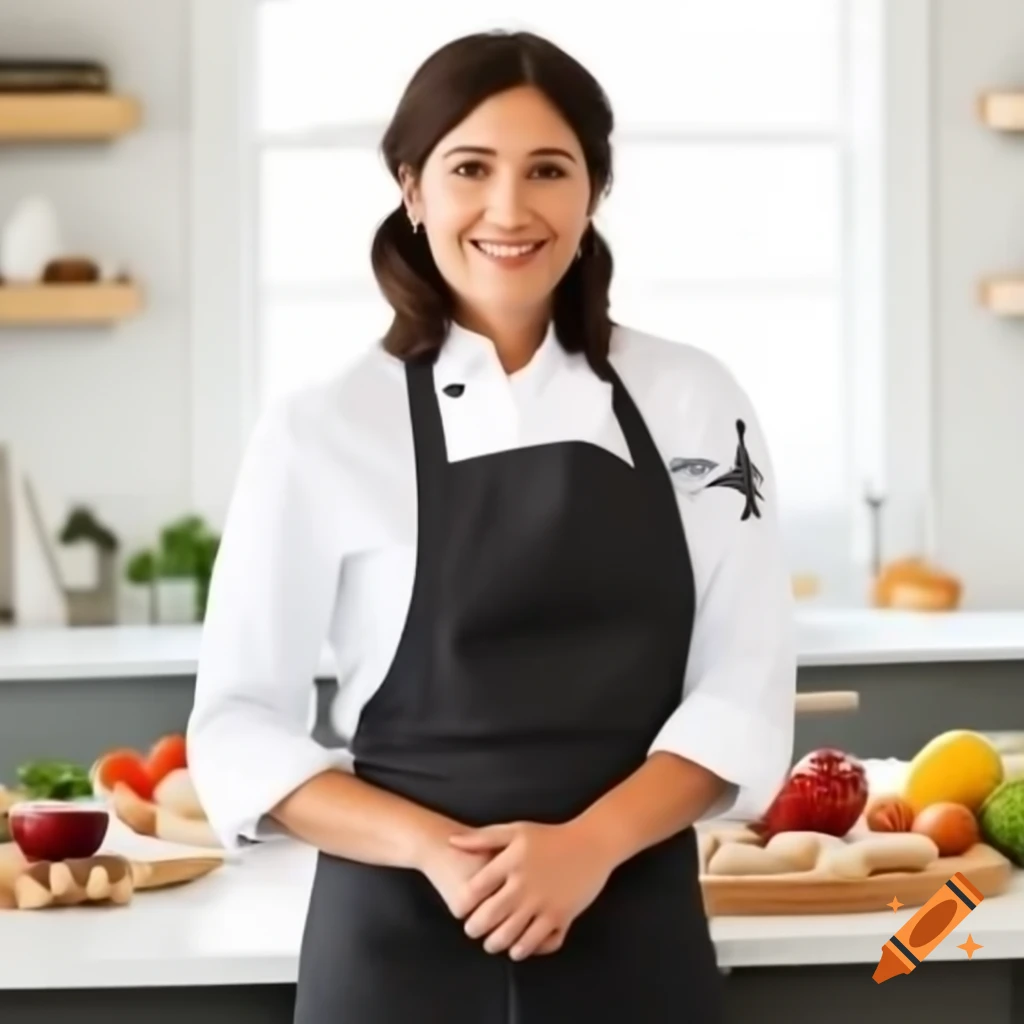 Confident American woman chef in modern kitchen with warm smile