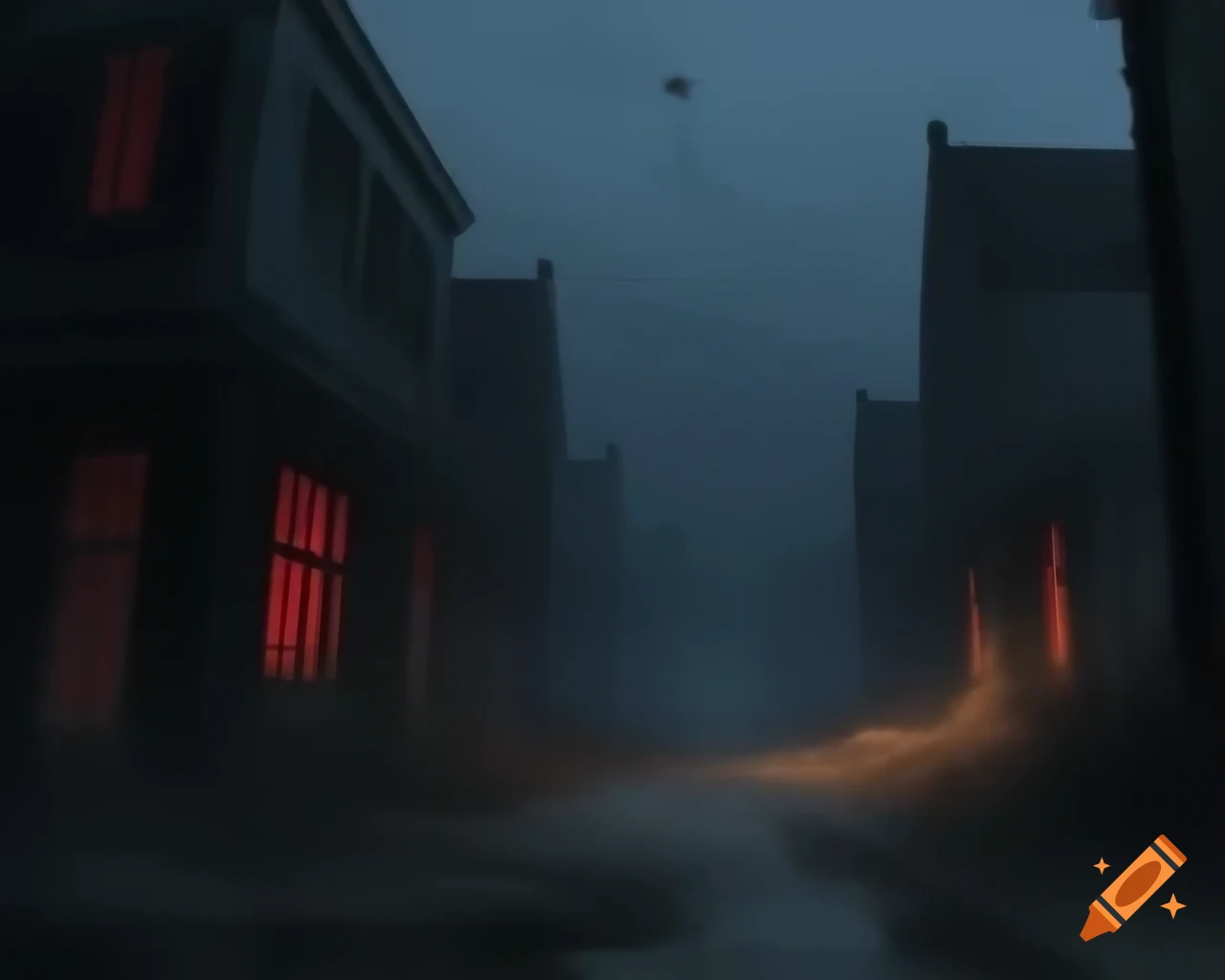 Eerie scene of abandoned town at twilight with thick fog and dilapidated buildings