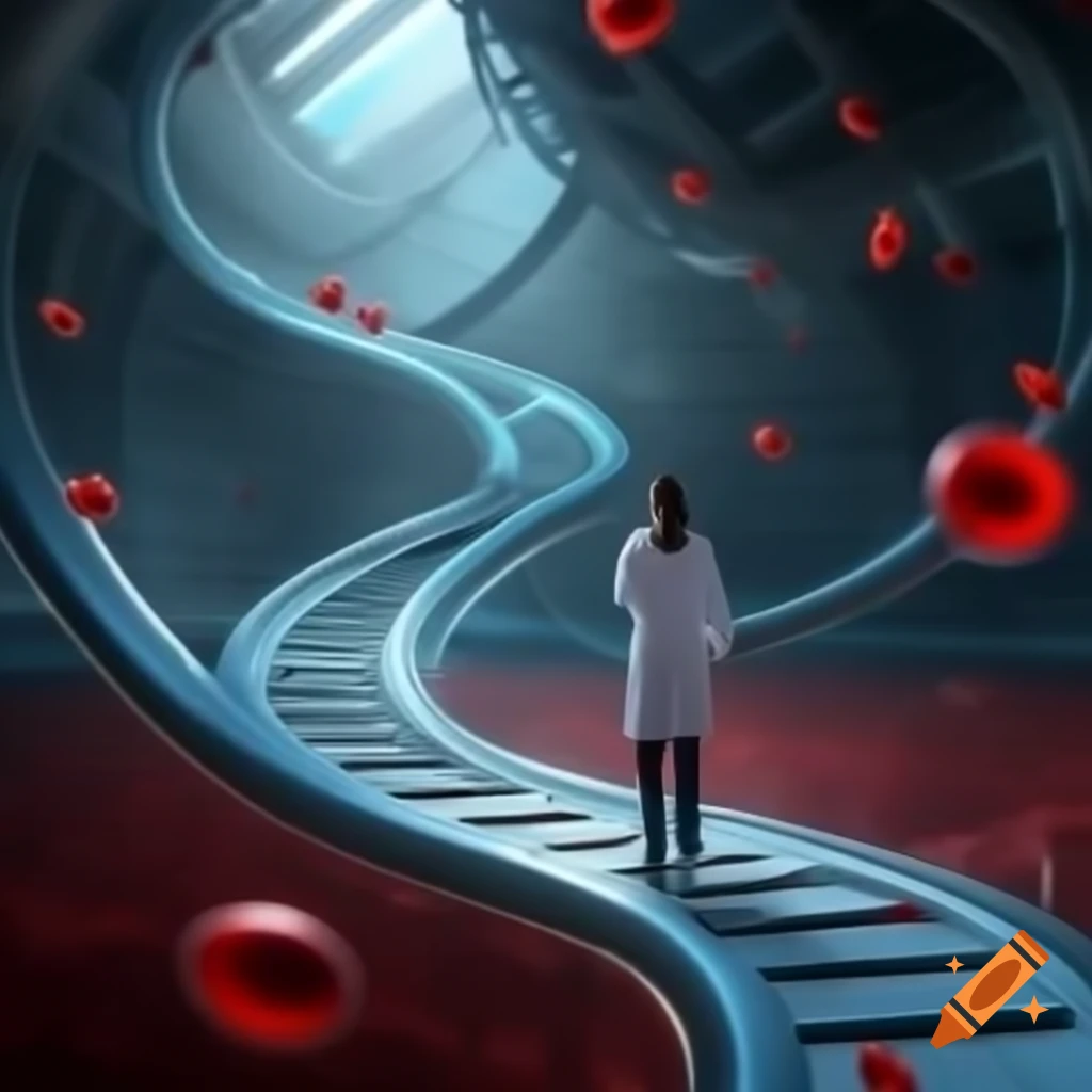 Futuristic pathologist in medical lab with DNA molecules and red blood cells
