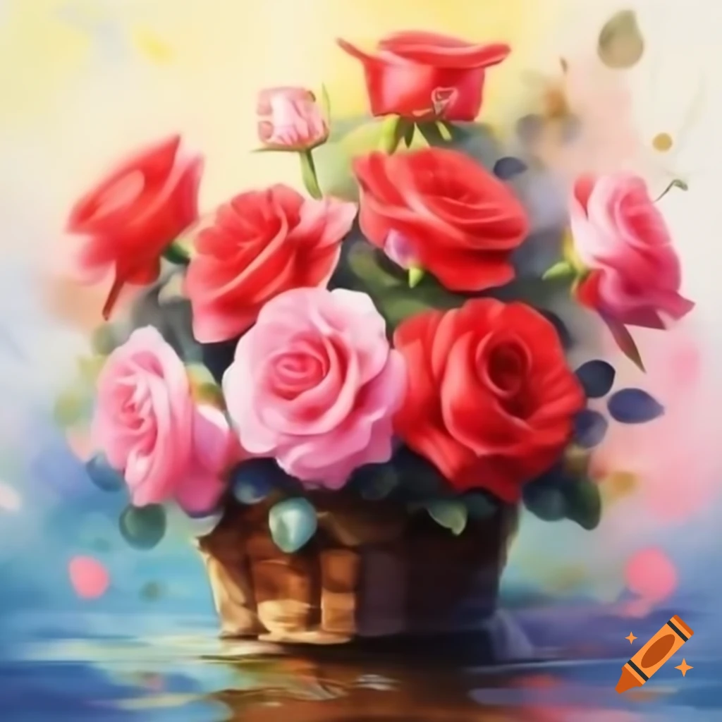 Watercolor painting of red and pink roses in wooden basket with pastel background