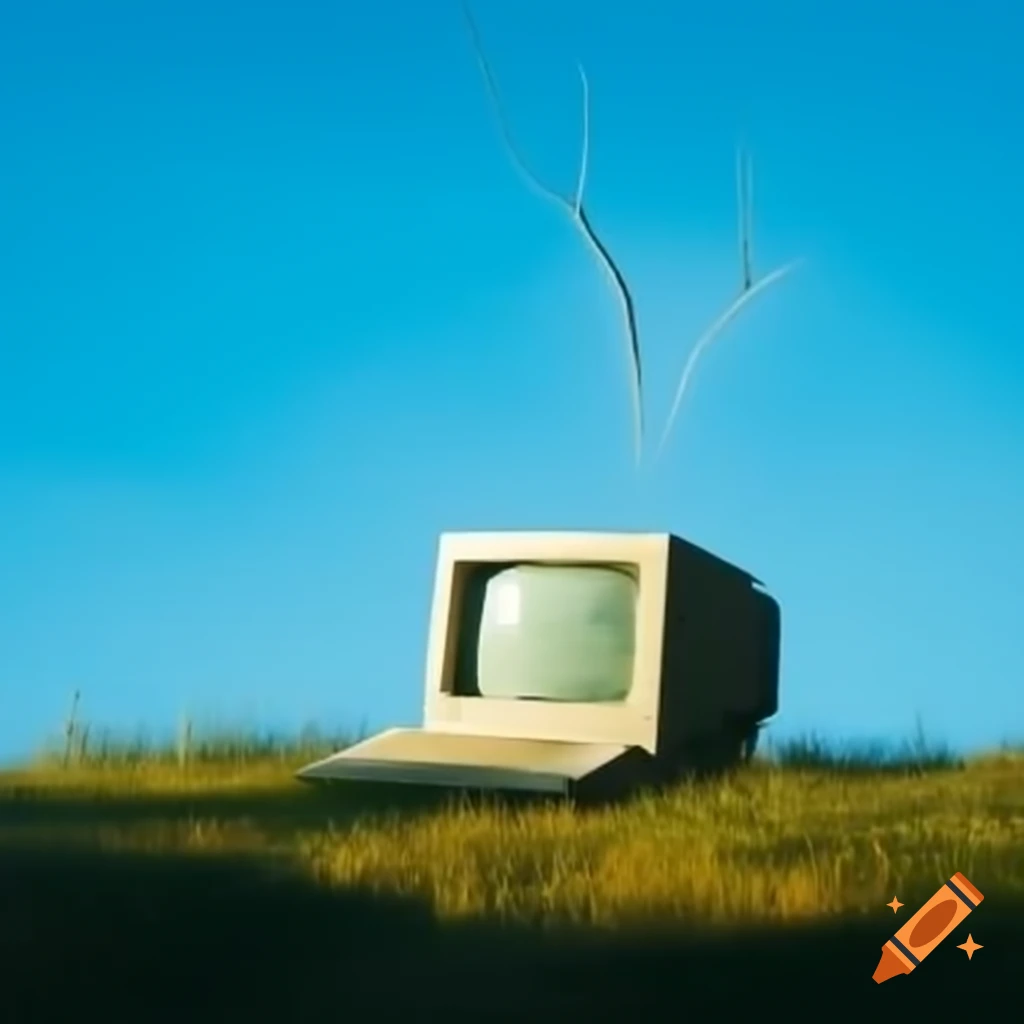 Old computer with crack on grassy hill under bright blue sky