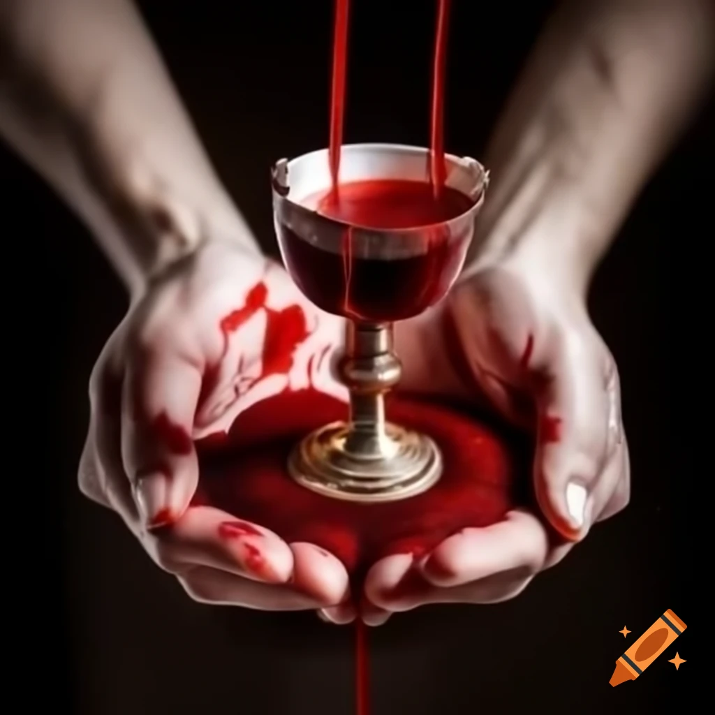 Hands holding Bloody Chalice with drops of blood, lotus flower and earth