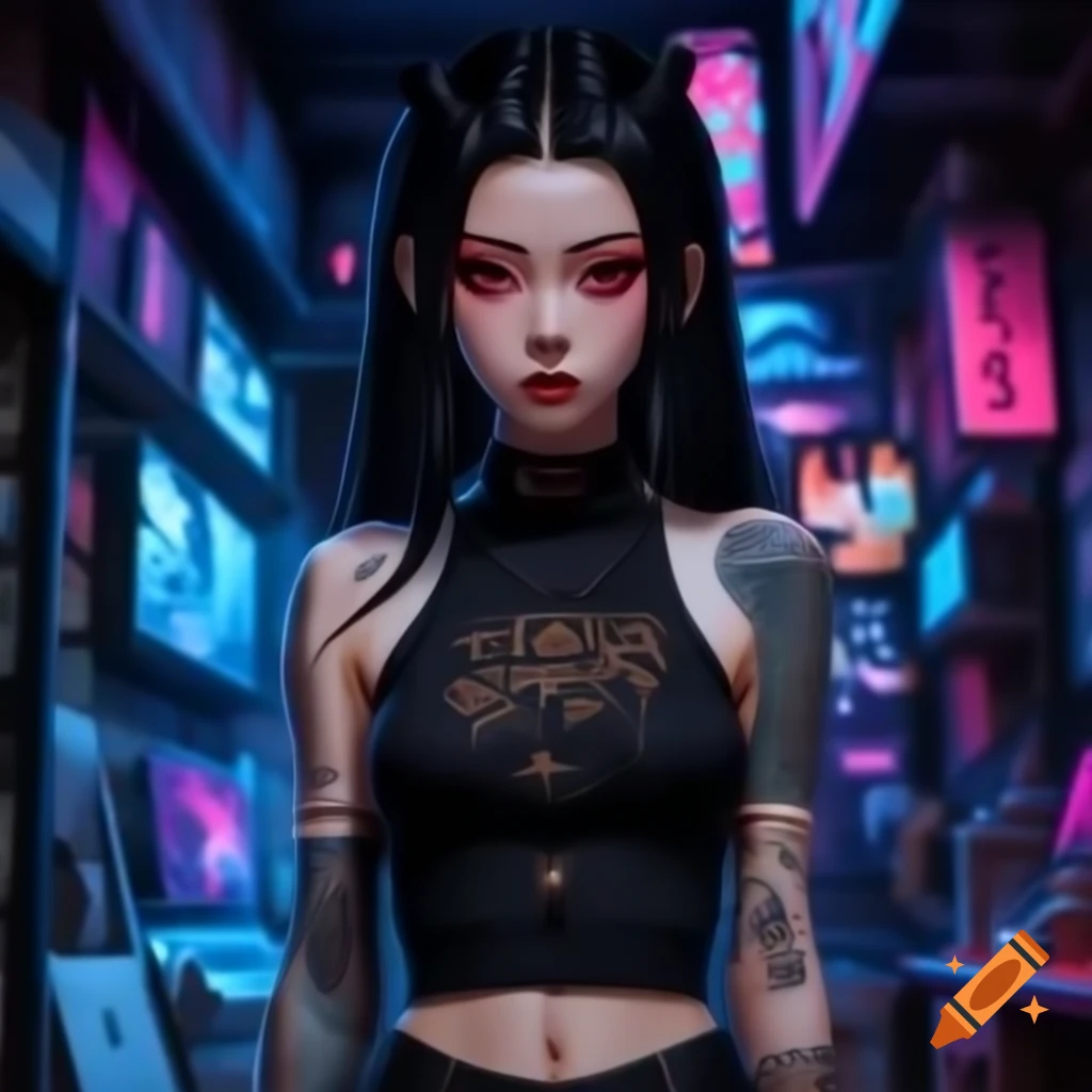 Punk inspired young woman in dystopic fashion with black hair and crop