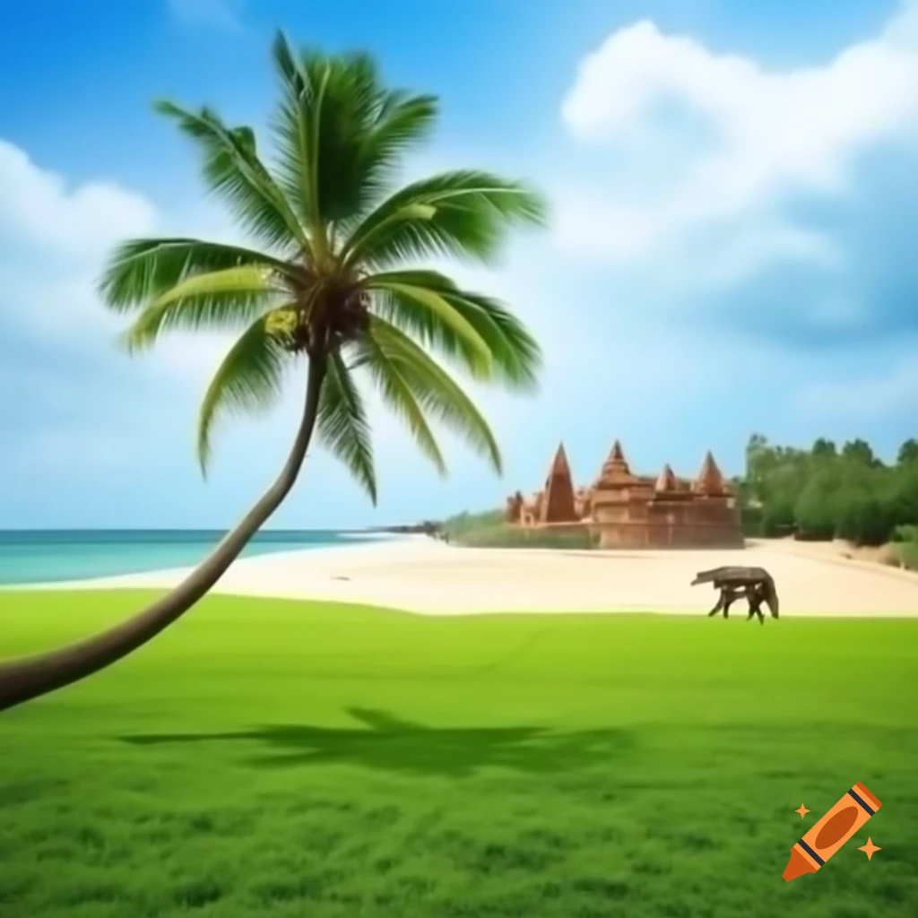 Green landscape with coconut tree, beach, elephants, and South India temple