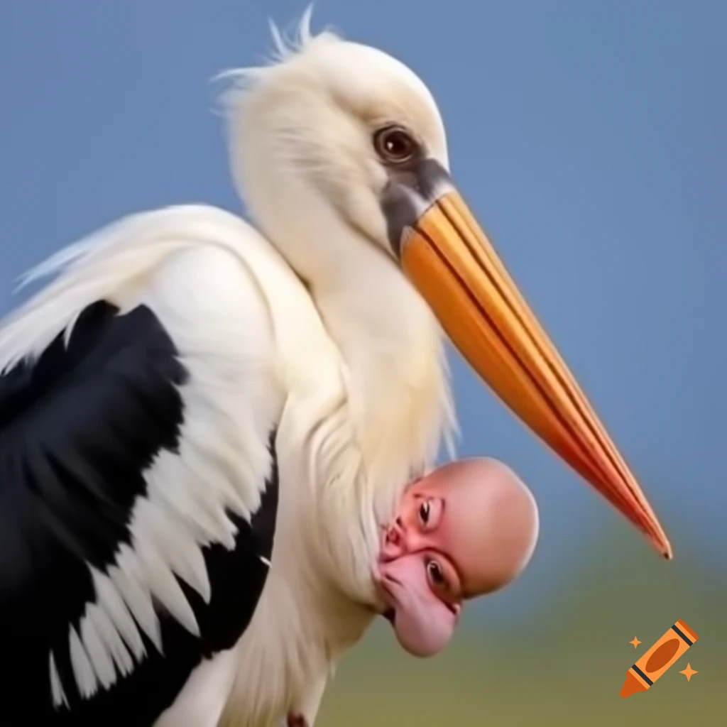 Stork delivering baby in a whimsical scene