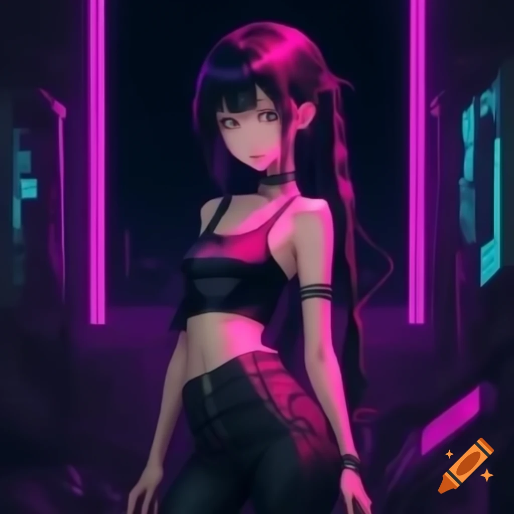 Punk-inspired young woman in dystopic fashion with black hair and lowrise pants